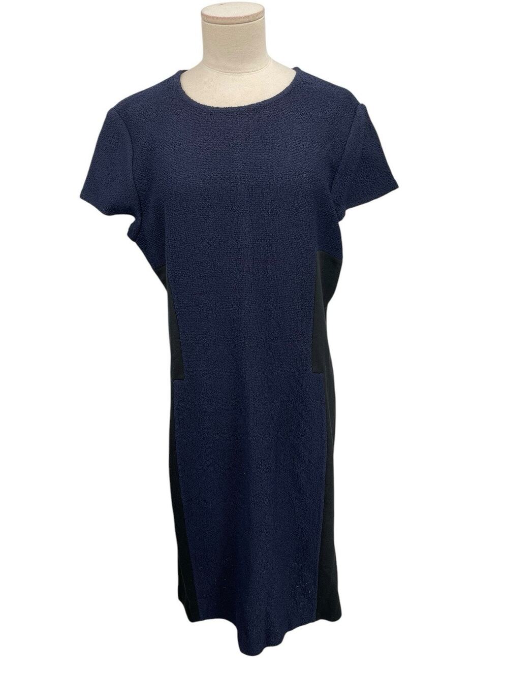 St John Dress Blue Black Panel Wool Blend Cap Sleeve Size 12